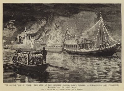 La Guerre Récente en Égypte, la Fête au Palais de Ghezireh, Le Caire, 2 Octobre, Dahabeeyehs et Bateaux à Vapeur illuminés sur le Nil - Frederic Villiers